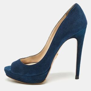 Prada Blue Suede Peep Toe Platform Pumps Size 37.5